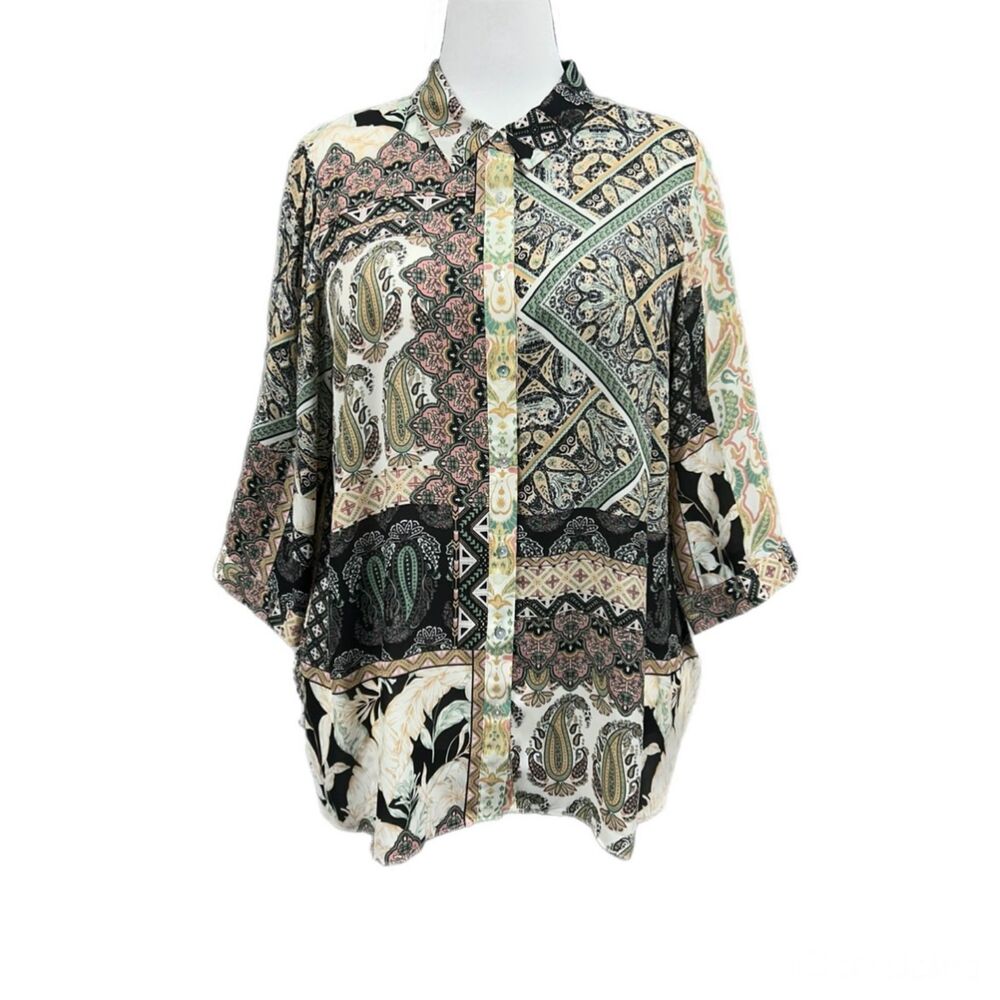 Rose + Olive Patchwork Floral Button Up 3/4 Sleeve Tunic Blouse Sz 1X